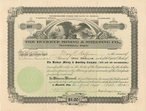 Buckeye Mining and Smelting Co., Mansfield, Ohio - Mining Stock Certificate